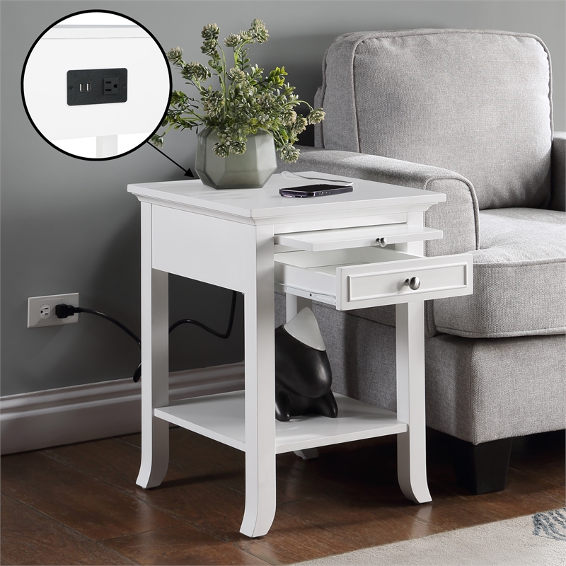 Pemberly Row End Table with Charging Station in White Wood Finish