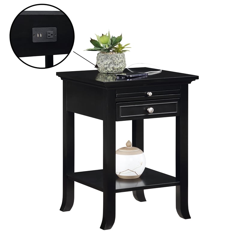 Pemberly Row End Table with Charging Station in Black Wood Finish