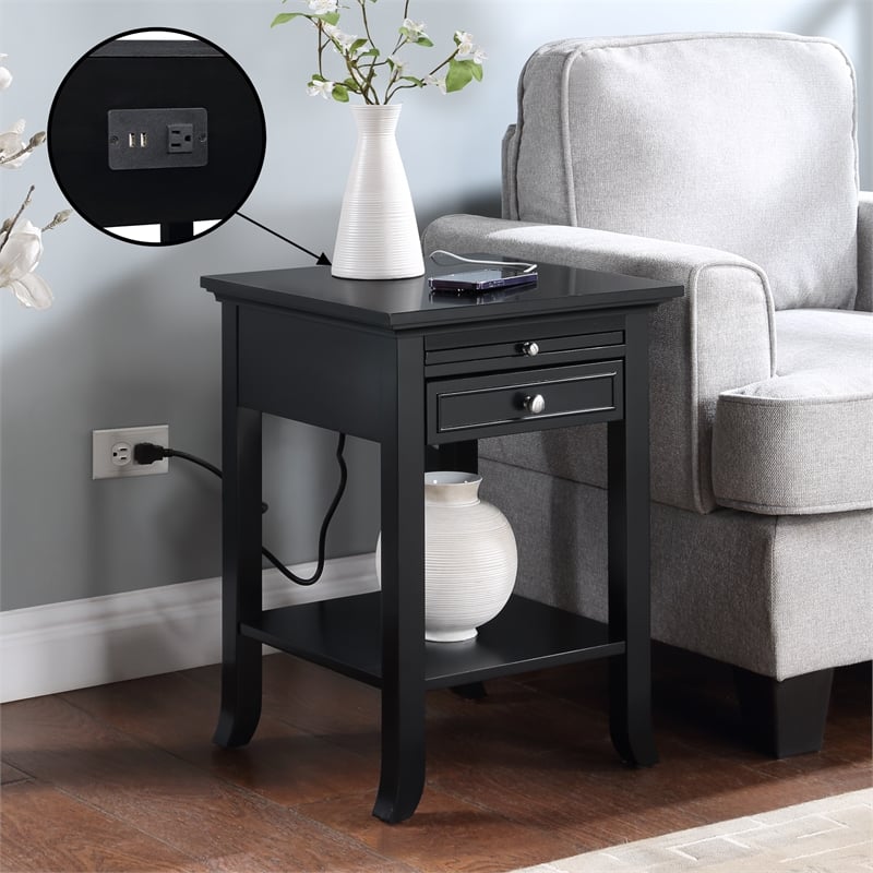 Pemberly Row End Table with Charging Station in Black Wood Finish