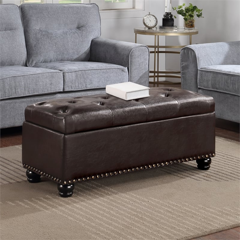Pemberly Row Modern Storage Ottoman Bench in Espresso Faux Leather