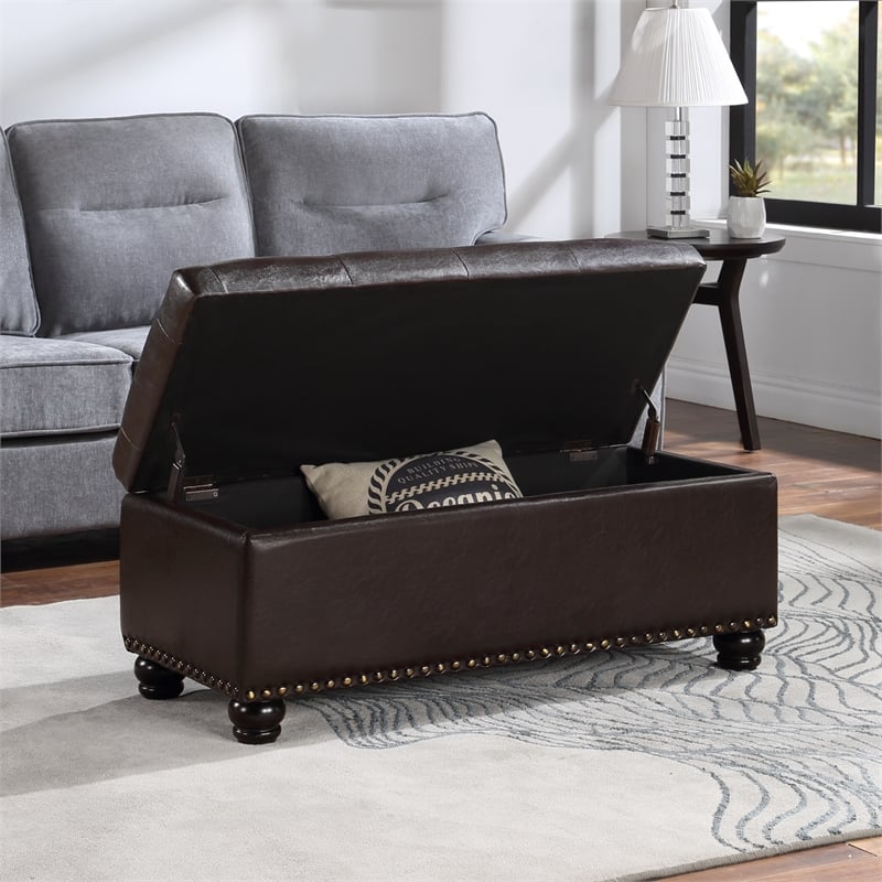 Pemberly Row Modern Storage Ottoman Bench in Espresso Faux Leather