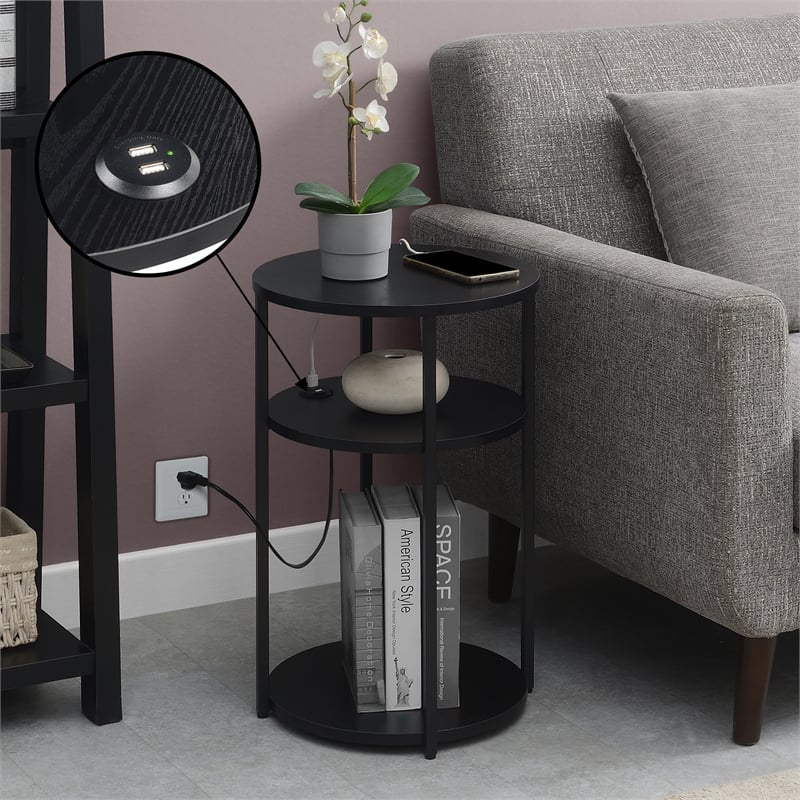 Pemberly Row Three-Tier End Table with USB Ports in Black Wood Finish