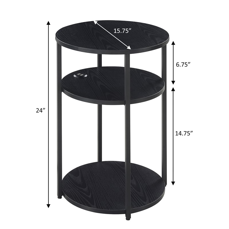 Pemberly Row Three-Tier End Table with USB Ports in Black Wood Finish