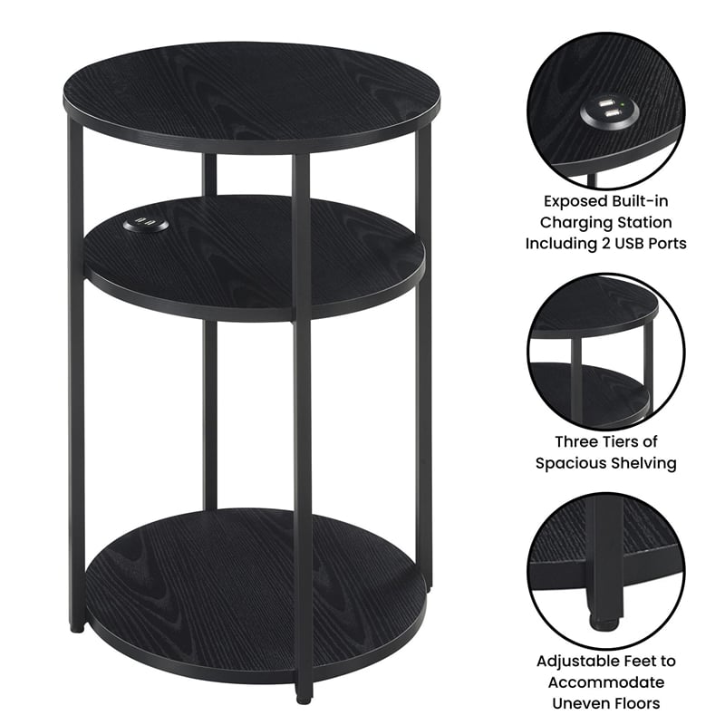Pemberly Row Three-Tier End Table with USB Ports in Black Wood Finish