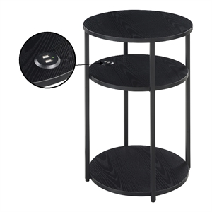 Pemberly Row Three-Tier End Table with USB Ports in Black Wood Finish