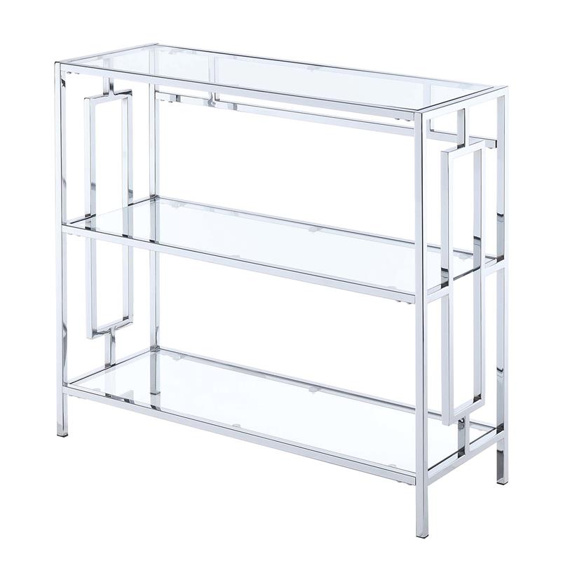 Pemberly Row Three-Tier Bookcase in Clear Glass and Chrome Metal Frame