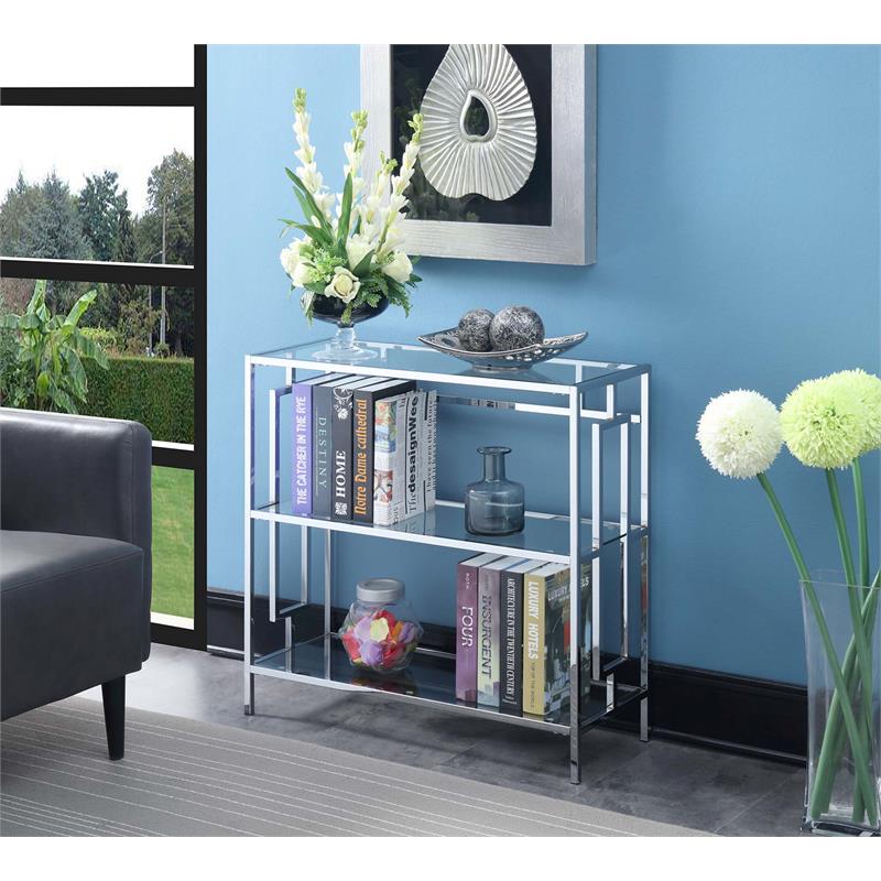Pemberly Row Three-Tier Bookcase in Clear Glass and Chrome Metal Frame