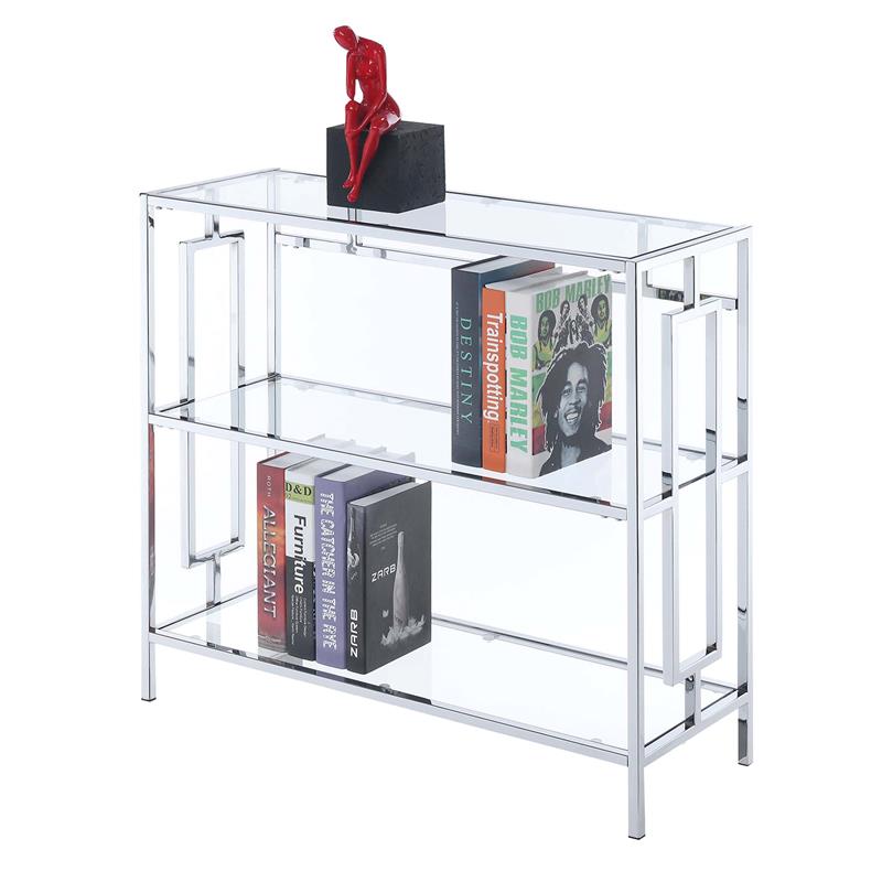Pemberly Row Three-Tier Bookcase in Clear Glass and Chrome Metal Frame
