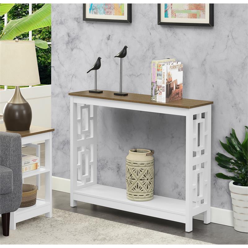 Pemberly Row Console Table with Shelf in White Wood with Driftwood Top