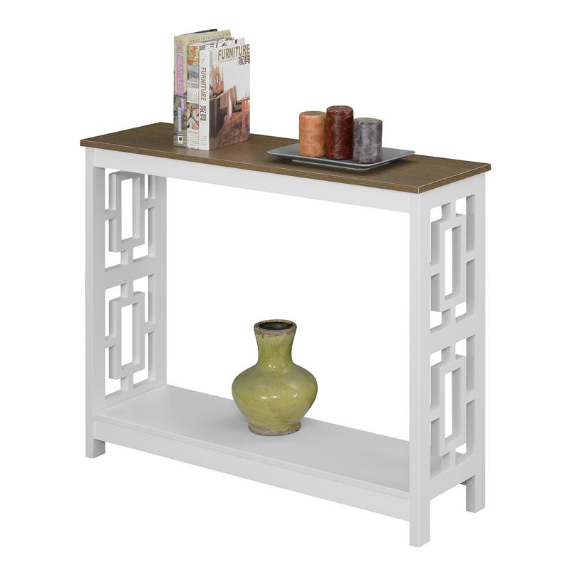 Pemberly Row Console Table with Shelf in White Wood with Driftwood Top