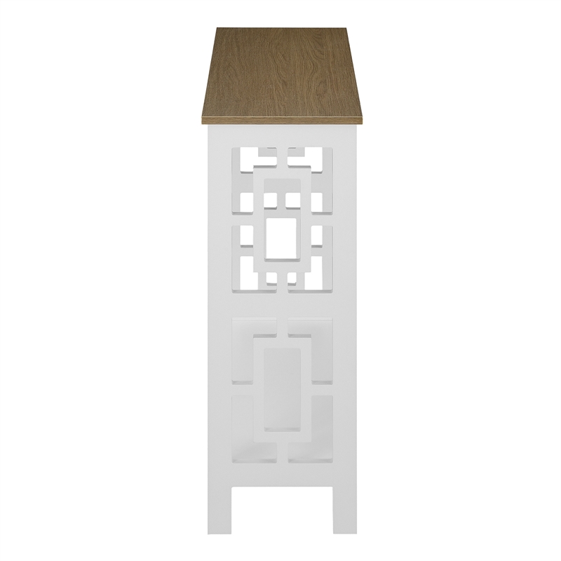 Pemberly Row Console Table with Shelf in White Wood with Driftwood Top
