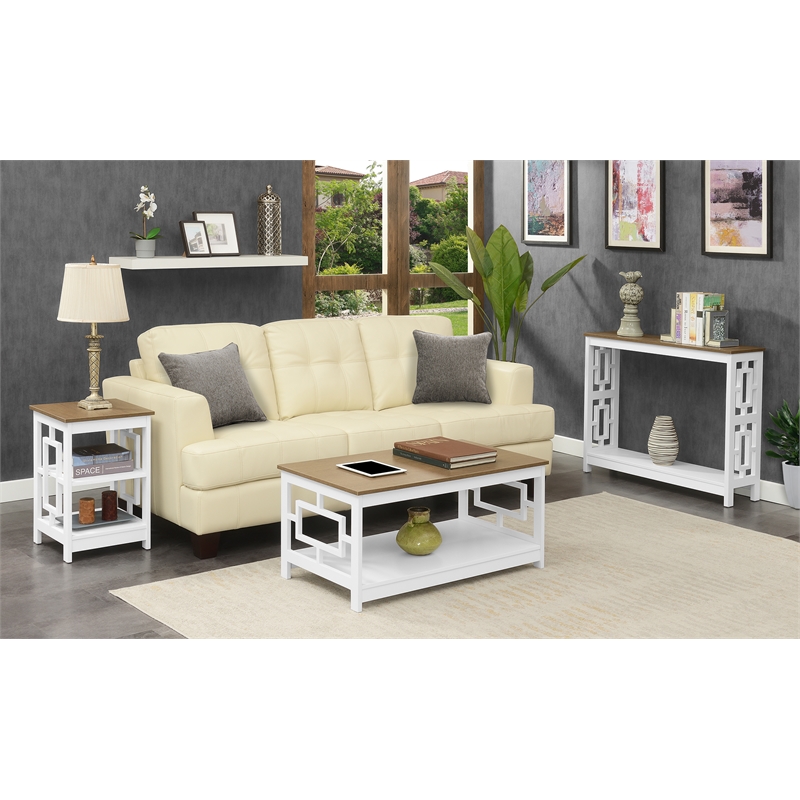 Pemberly Row Console Table with Shelf in White Wood with Driftwood Top