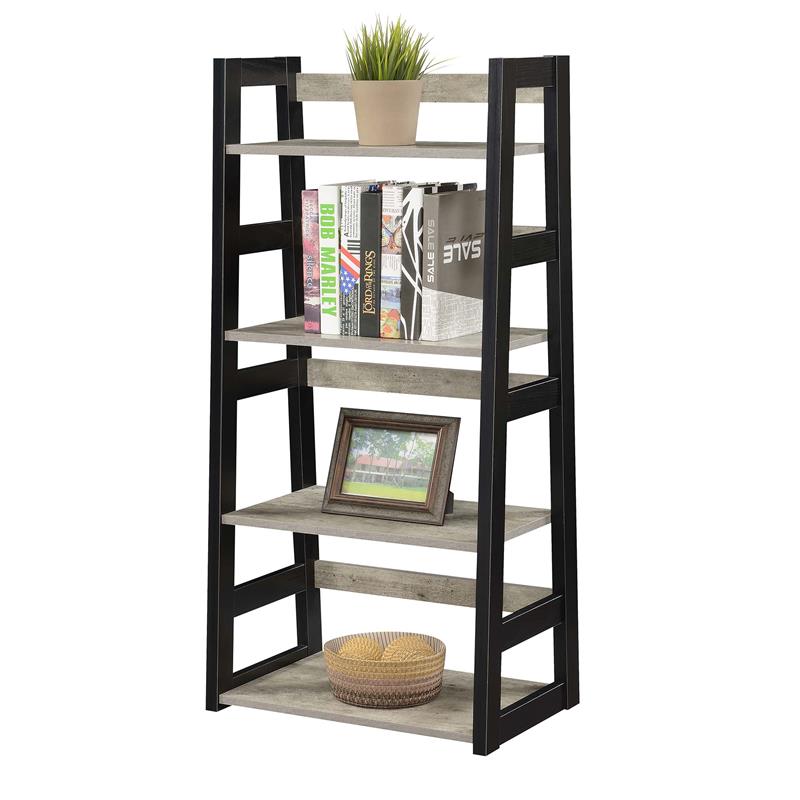 Pemberly Row Trestle Bookcase in Gray Faux Birch Wood with Black Frame