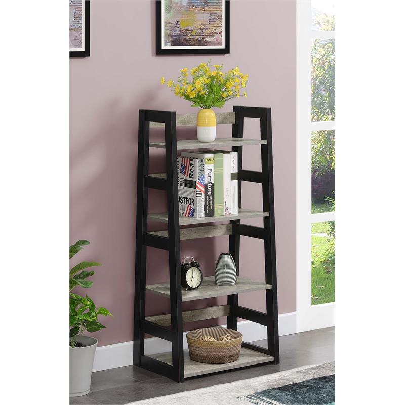 Pemberly Row Trestle Bookcase in Gray Faux Birch Wood with Black Frame