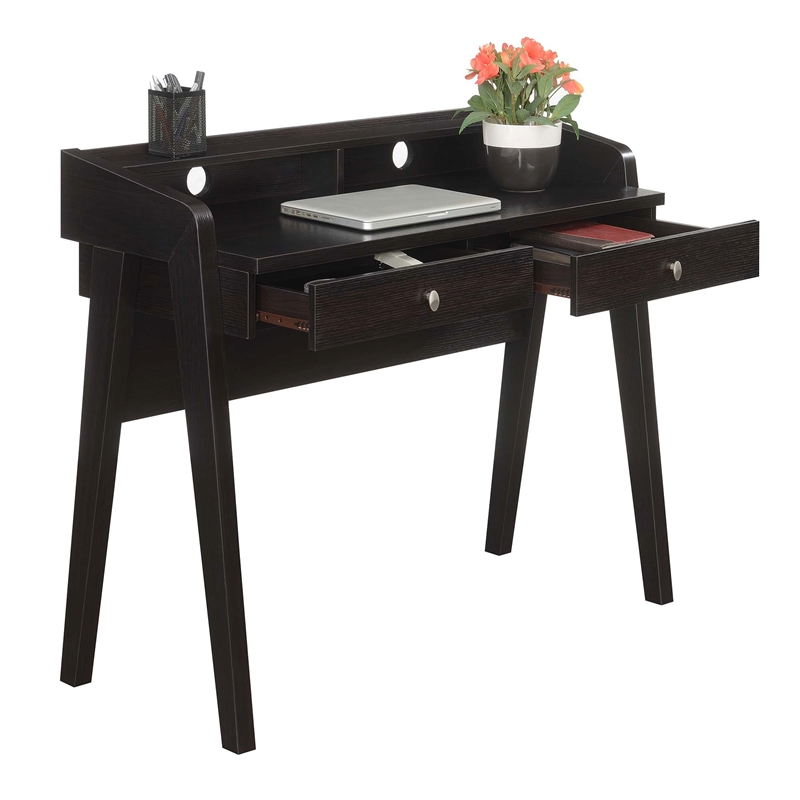 Pemberly Row Deluxe Two-Drawer Desk with Shelf in Espresso Wood Finish