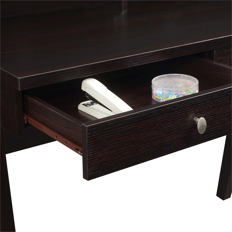 Pemberly Row Deluxe Two-Drawer Desk with Shelf in Espresso Wood Finish