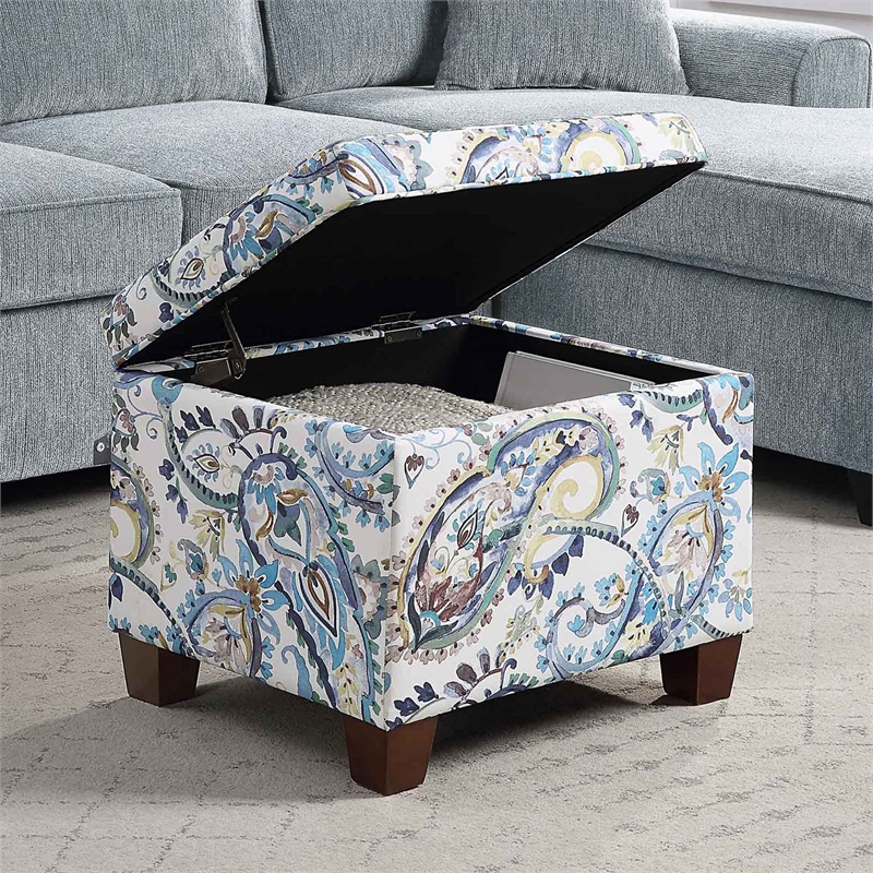 Pemberly Row Storage Ottoman in Blue Print Fabric with Solid Wood Feet