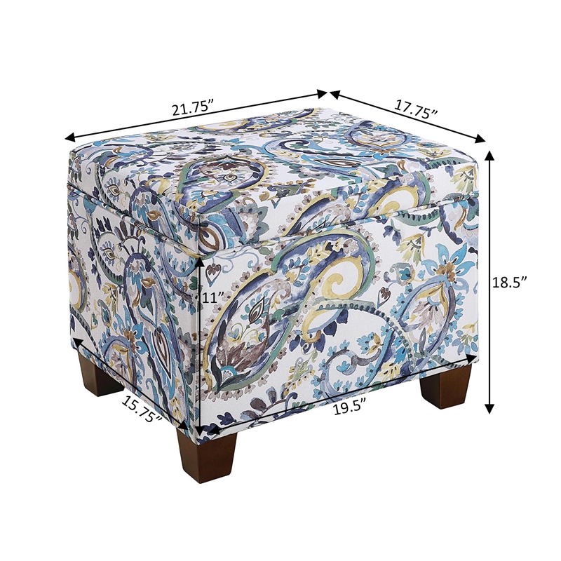 Pemberly Row Storage Ottoman in Blue Print Fabric with Solid Wood Feet