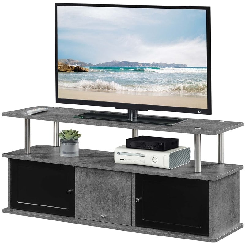 Pemberly Row TV Stand with Three Storage Cabinets and Shelf in Gray Wood