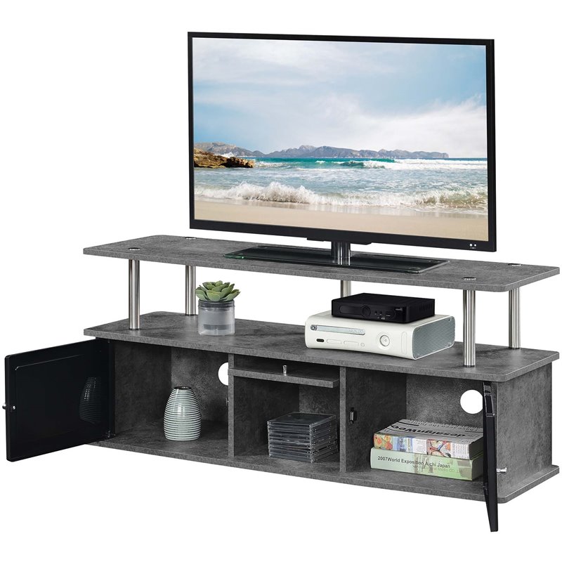 Pemberly Row TV Stand with Three Storage Cabinets and Shelf in Gray Wood