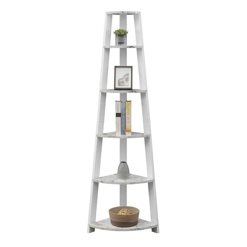 Pemberly Row Five-Tier Corner Bookshelf in White Faux Marble Wood Finish