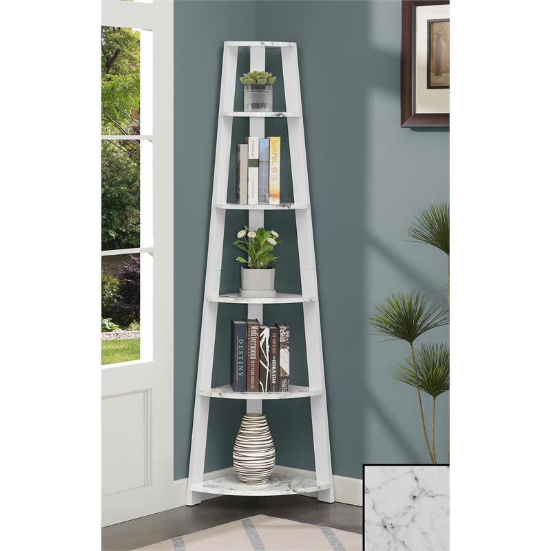 Pemberly Row Five-Tier Corner Bookshelf in White Faux Marble Wood Finish