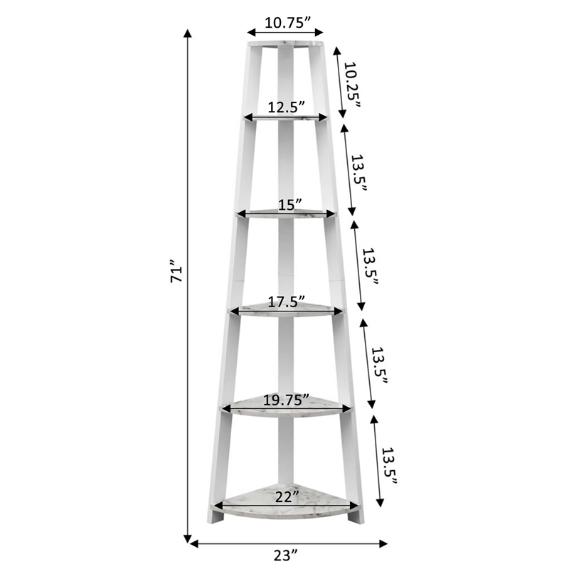 Pemberly Row Five-Tier Corner Bookshelf in White Faux Marble Wood Finish