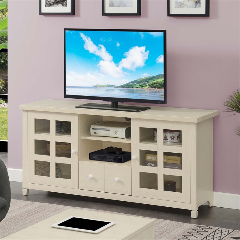 Pemberly Row One-Drawer TV Stand with Cabinets and Shelves in Ivory Wood