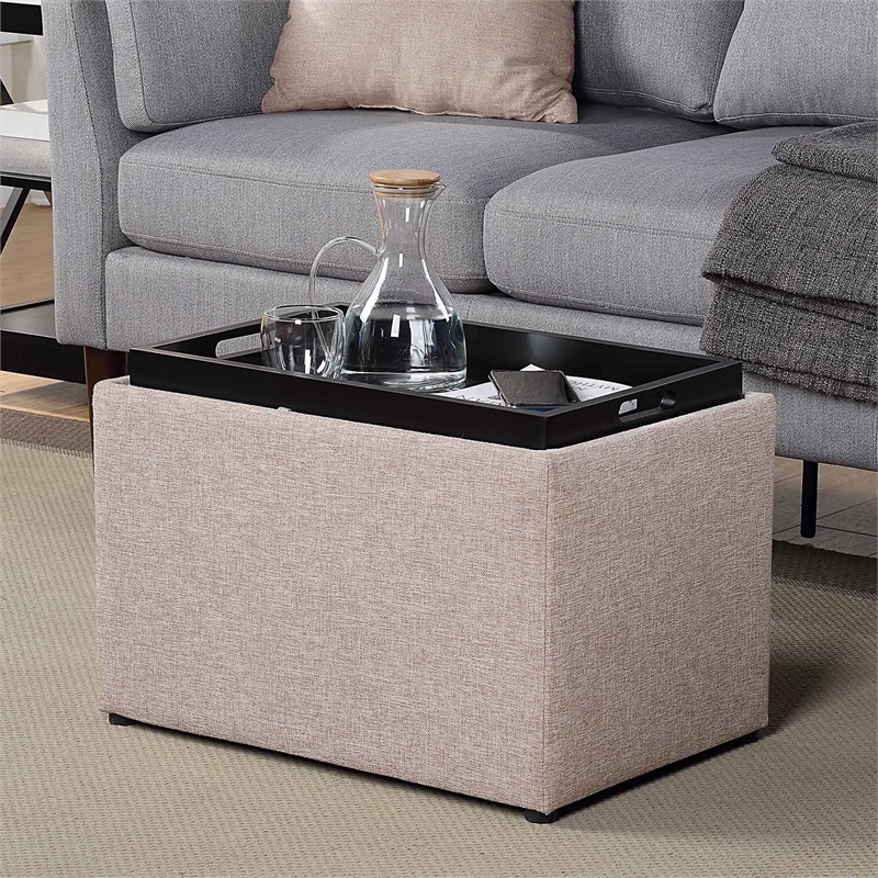 Pemberly Row Accent Storage Ottoman with Reversible Tray in Beige Fabric