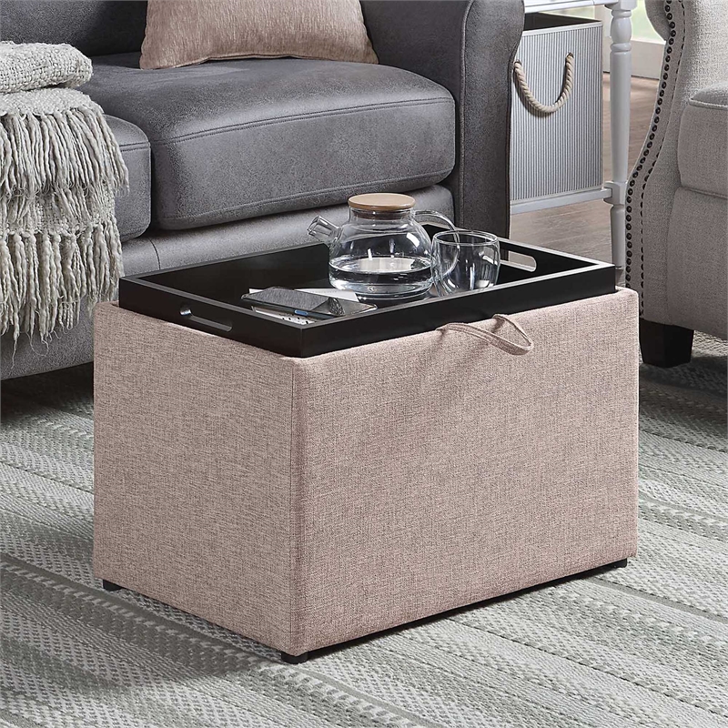 Pemberly Row Accent Storage Ottoman with Reversible Tray in Beige Fabric
