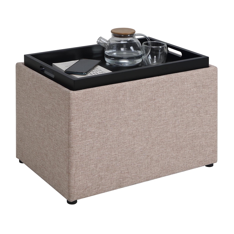Pemberly Row Accent Storage Ottoman with Reversible Tray in Beige Fabric