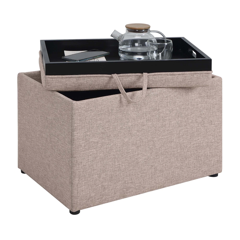 Pemberly Row Accent Storage Ottoman with Reversible Tray in Beige Fabric