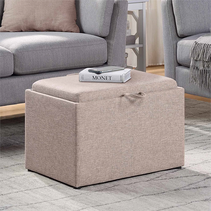 Pemberly Row Accent Storage Ottoman with Reversible Tray in Beige Fabric