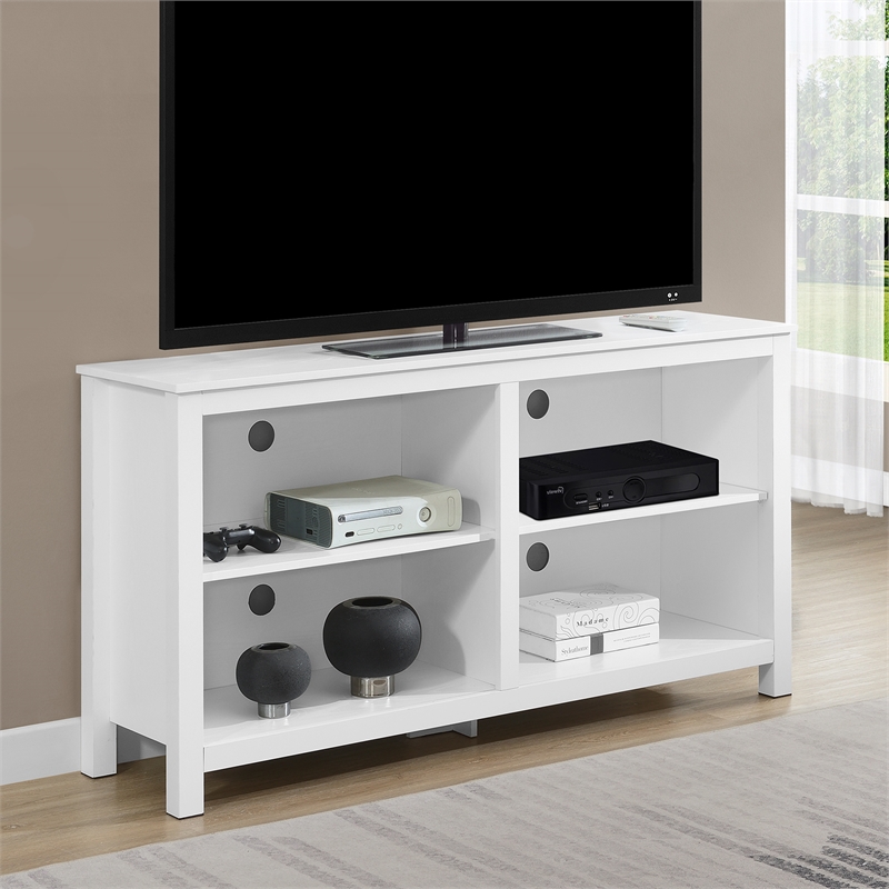 Pemberly Row TV Stand with Shelves for TVs up to 65 Inches in White Wood