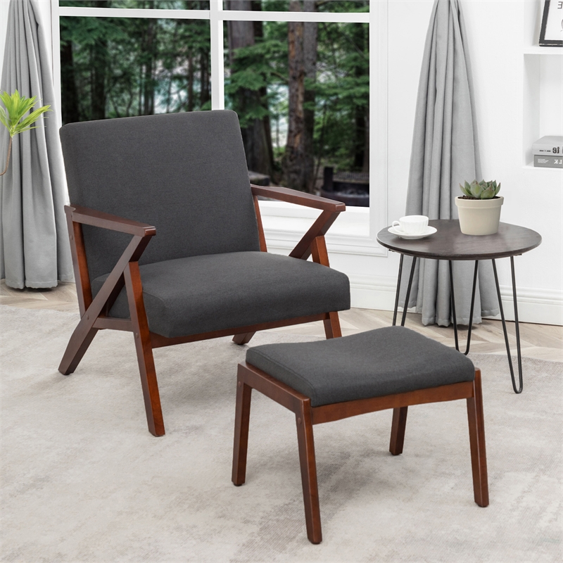 Pemberly Row Mid-Century Accent Lounge Armchair w/Ottoman in Gray Fabric