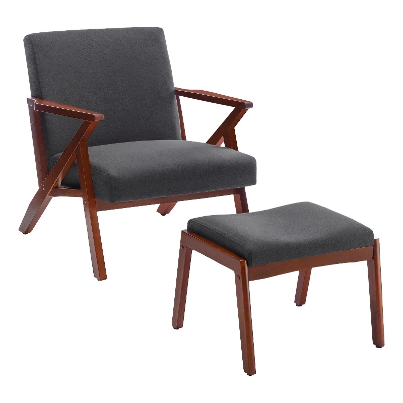 Pemberly Row Mid-Century Accent Lounge Armchair w/Ottoman in Gray Fabric