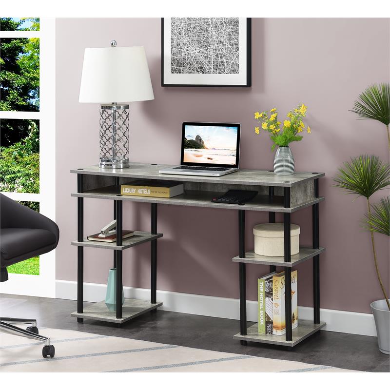 Pemberly Row No-Tools Student Desk with Shelves in Light Gray Wood Finish