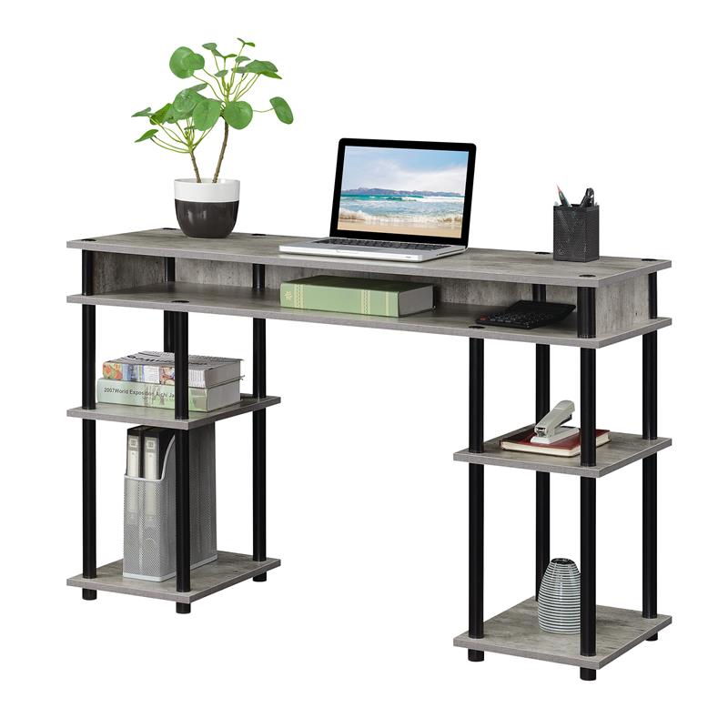 Pemberly Row No-Tools Student Desk with Shelves in Light Gray Wood Finish