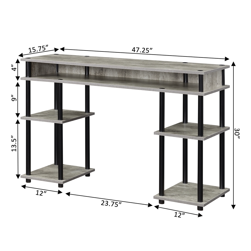Pemberly Row No-Tools Student Desk with Shelves in Light Gray Wood Finish
