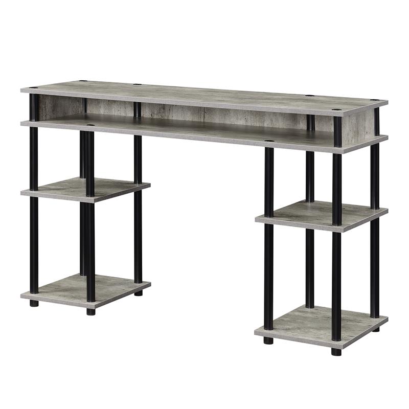 Pemberly Row No-Tools Student Desk with Shelves in Light Gray Wood Finish
