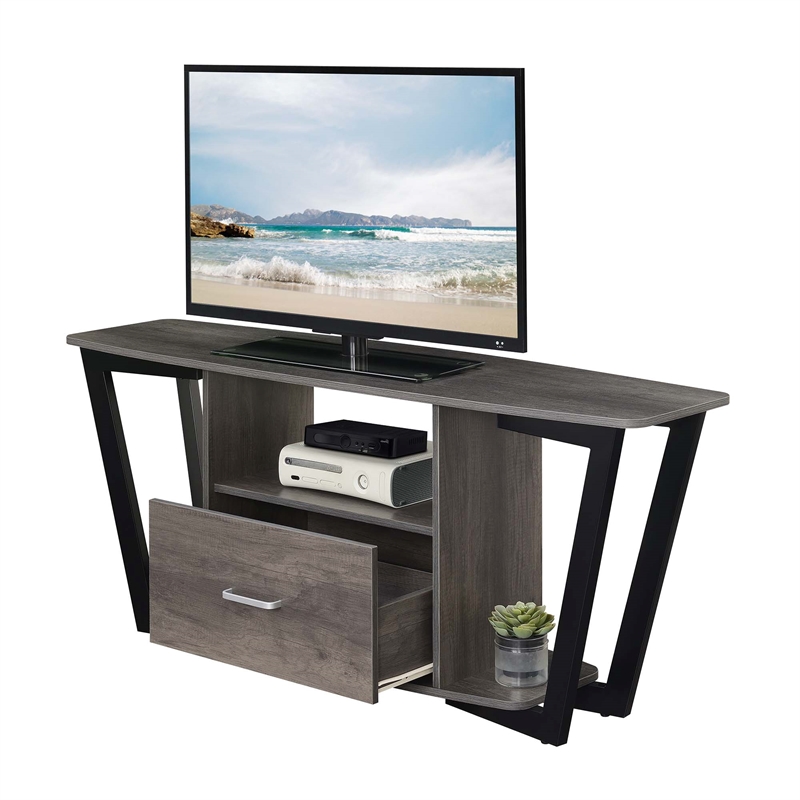 Pemberly Row 60-inch One-Drawer TV Stand with Shelves in Gray Wood Finish