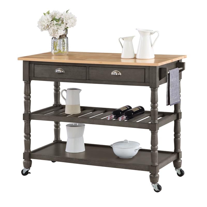 Pemberly Row Three-Tier Butcher Block Kitchen Cart w/Drawers in Gray Wood