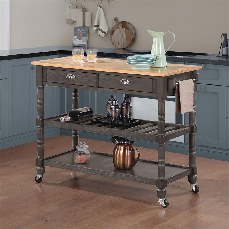 Pemberly Row Three-Tier Butcher Block Kitchen Cart w/Drawers in Gray Wood
