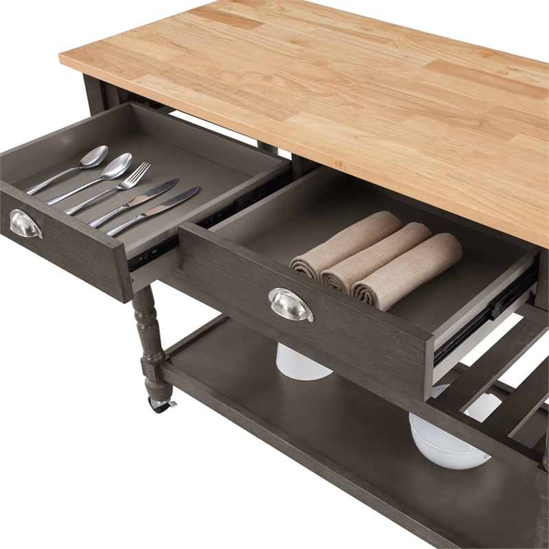 Pemberly Row Three-Tier Butcher Block Kitchen Cart w/Drawers in Gray Wood