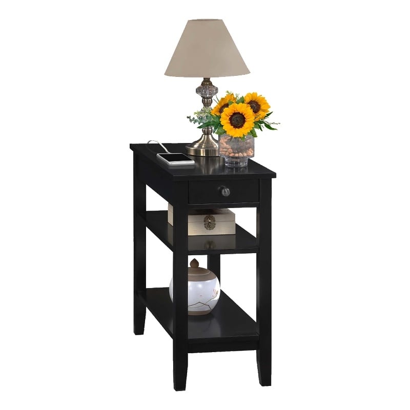 Pemberly Row One-Drawer End Table w/Charging Station in Black Wood Finish