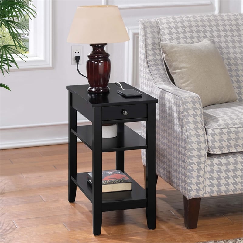 Pemberly Row One-Drawer End Table w/Charging Station in Black Wood Finish
