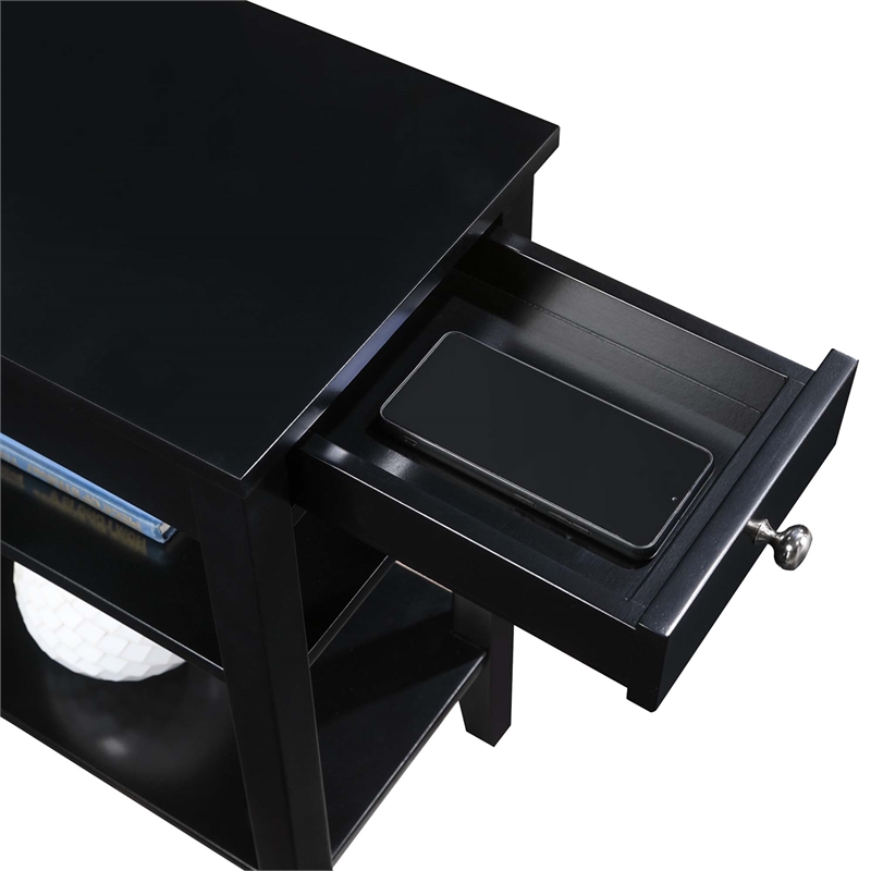 Pemberly Row One-Drawer End Table w/Charging Station in Black Wood Finish