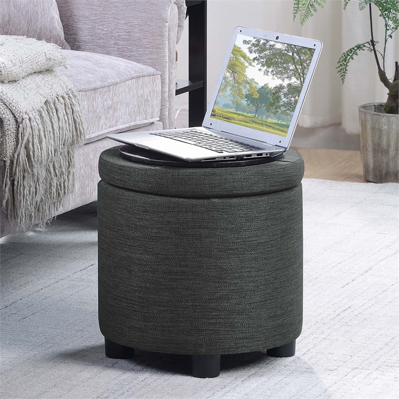 Pemberly Row Round Accent Storage Ottoman w/Reversible Lid in Gray Fabric
