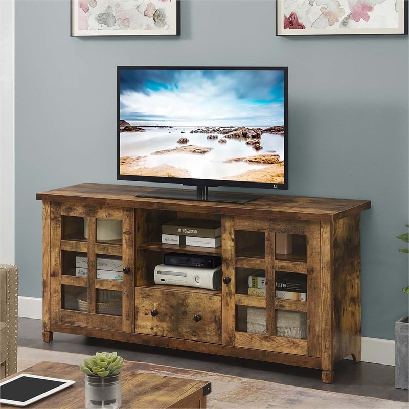Pemberly Row One-Drawer TV Stand with Cabinets and Shelves in Nutmeg Wood