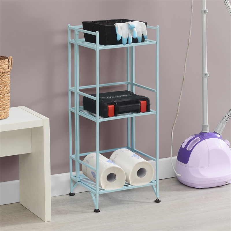 Pemberly Row Three-Tier Folding Metal Shelf with Seafoam Blue Metal Frame